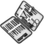 Kit de estuche de manicura y pedicura profesional, set de 15 accesorios de acero inoxidable, funda negra con imitación a piel - BE10500 - 01