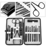 Kit de estuche de manicura y pedicura profesional, set de 15 accesorios de acero inoxidable, funda negra con imitación a piel - BE10500 - 02