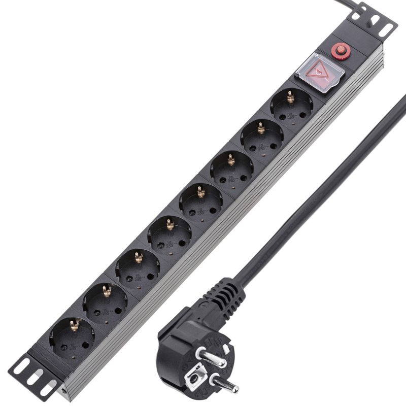 Regleta de enchufes PVC rack 19" de 8 schuko con interruptor y protección sobretensiones - RE03100 - 01