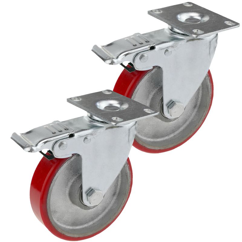 Ruedas pivotantes industriales de poliuretano y metal con freno 125 mm 2 unidades - QR04700 - 01