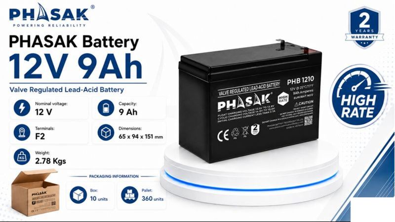 Batería Phasak High Rate 12V 9Amp Certificación Eurobat 10/12 años VRLA AGM - PHB 1210 - 01