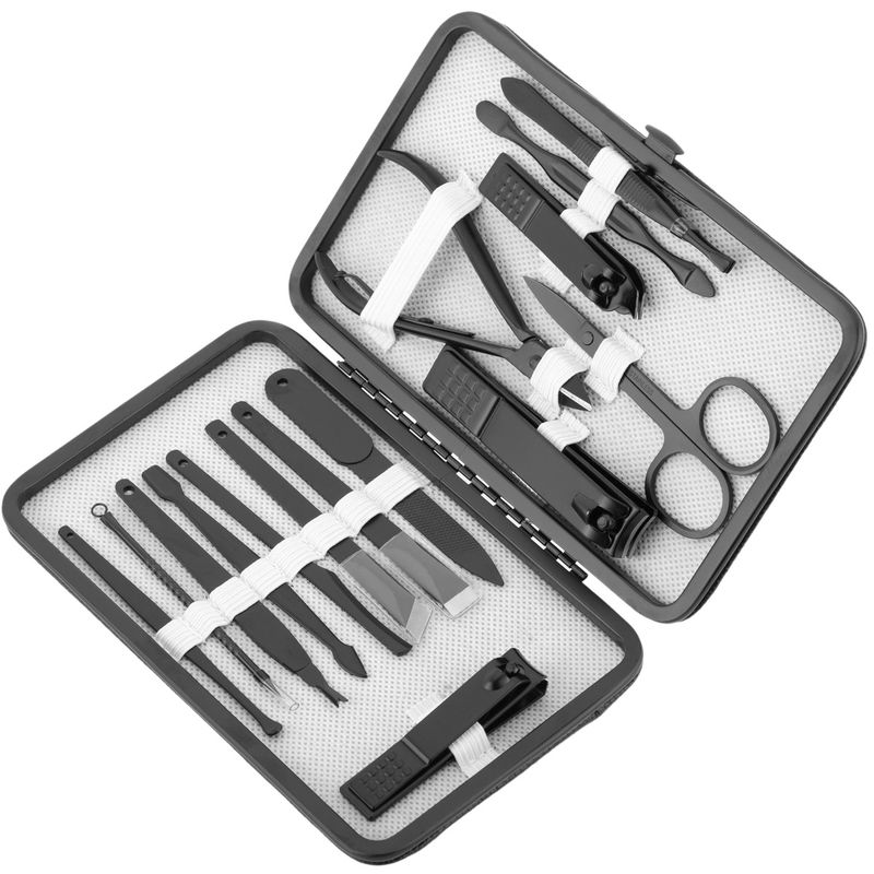Kit de estuche de manicura y pedicura profesional, set de 15 accesorios de acero inoxidable, funda negra con imitación a piel - BE10500 - 01