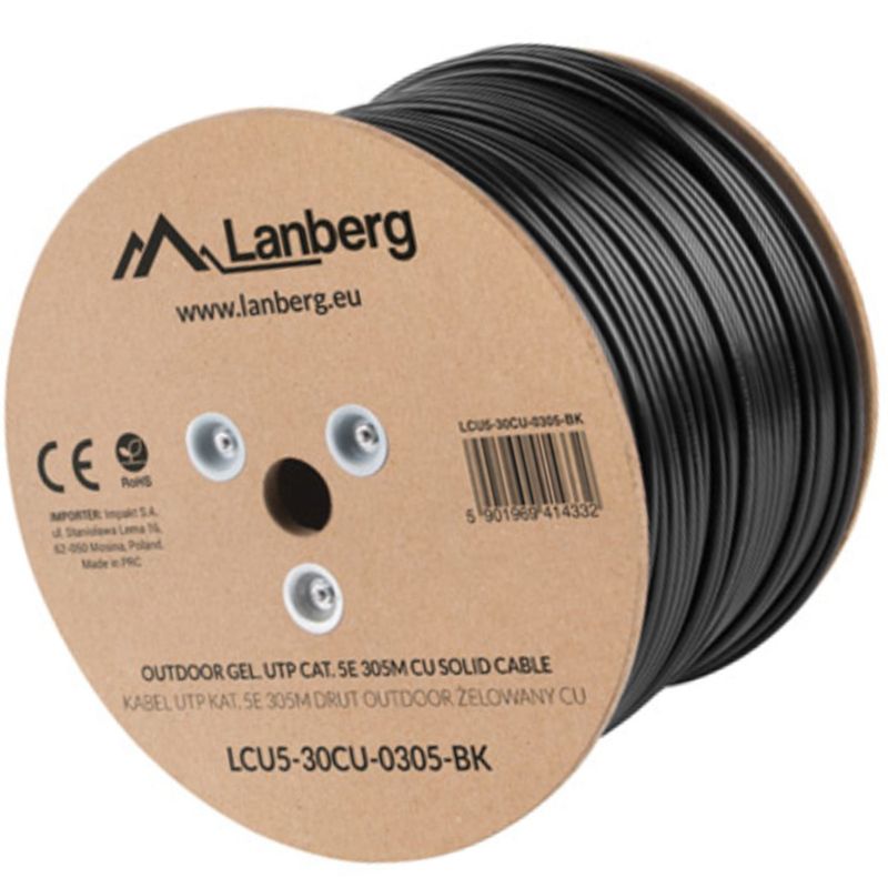 Lanberg Bobina de cable de red LAN UTP Cat. 5e rígido CU AWG24 exterior Fluke tested gris 305m - LN14500 - 01
