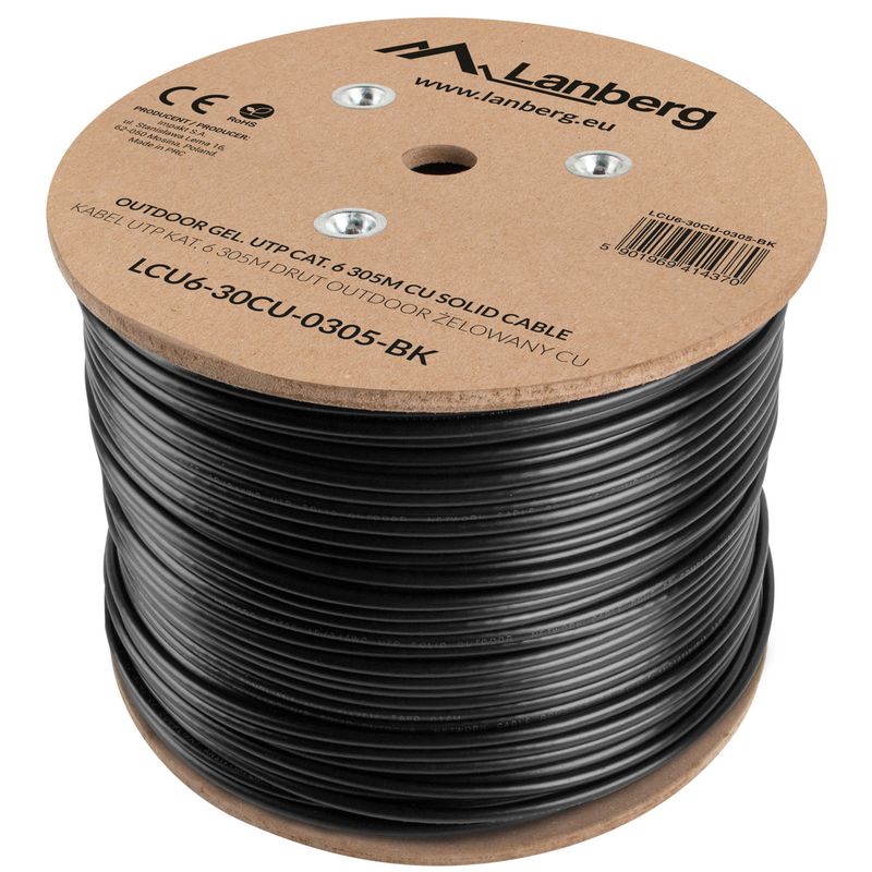 Bobina de cable de red ethernet Cat. 6 UTP de 305 m rígido de color negro para exterior fluke tested LCU6-30CU-0305-BK - LN14300 - 01