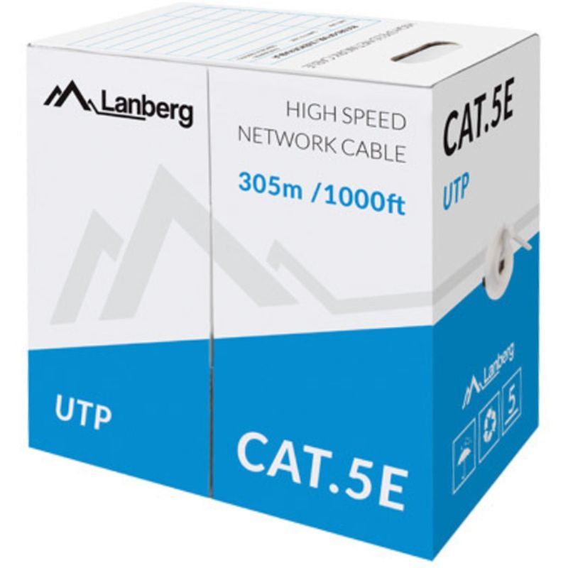 Lanberg Bobina de cable de red LAN UTP Cat. 5e rígido CU AWG24 Fluke tested CPR gris 305m - LN14400 - 01