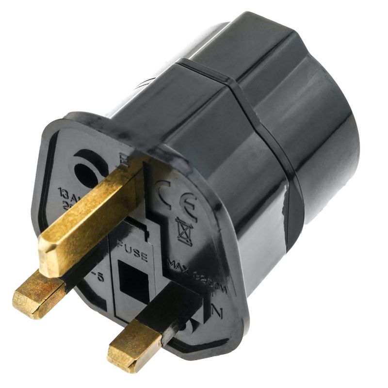 Adaptador enchufe Europa a Reino Unido tipo clavija schuko hembra a clavija BS1363 macho negro - FE05200 - 01