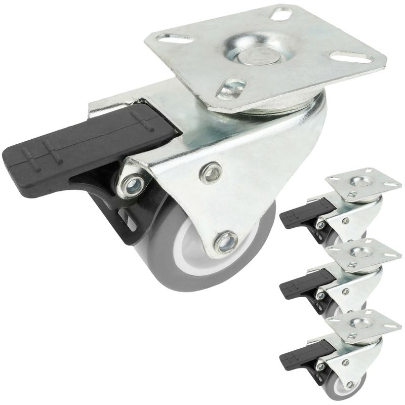 Rueda doble pivotante industrial de PU y PVC gris con freno 50 mm 4 pack - QS04300 - 01