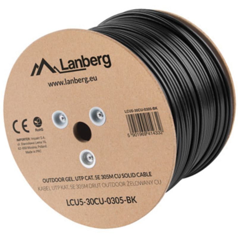 Lanberg Bobina de cable de red LAN UTP Cat. 5e rígido CU AWG24 Fluke tested negro 305m - LN14600 - 01