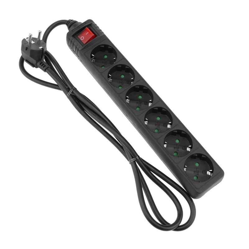 Regleta de enchufes 6 schuko 16A 230V negra con interruptor y cable de 1.5m - IA04300 - 01