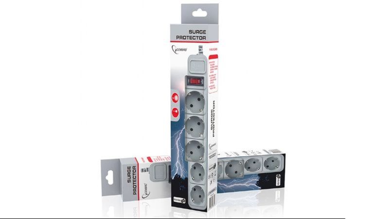 Regleta 5 tomas Schuko, con interruptor, 3500W 1.8m Gris, con protección - 4.50 m - GB 1004 - 01