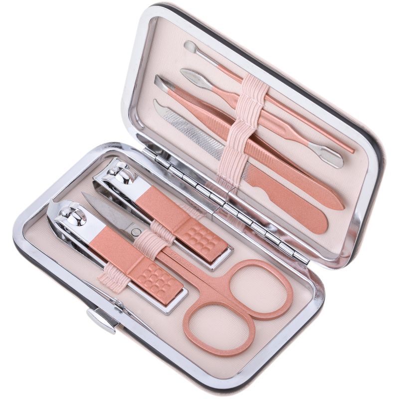 Kit de estuche de manicura y pedicura profesional, set de 7 accesorios de acero inoxidable, color Oro rosa - BE10300 - 01