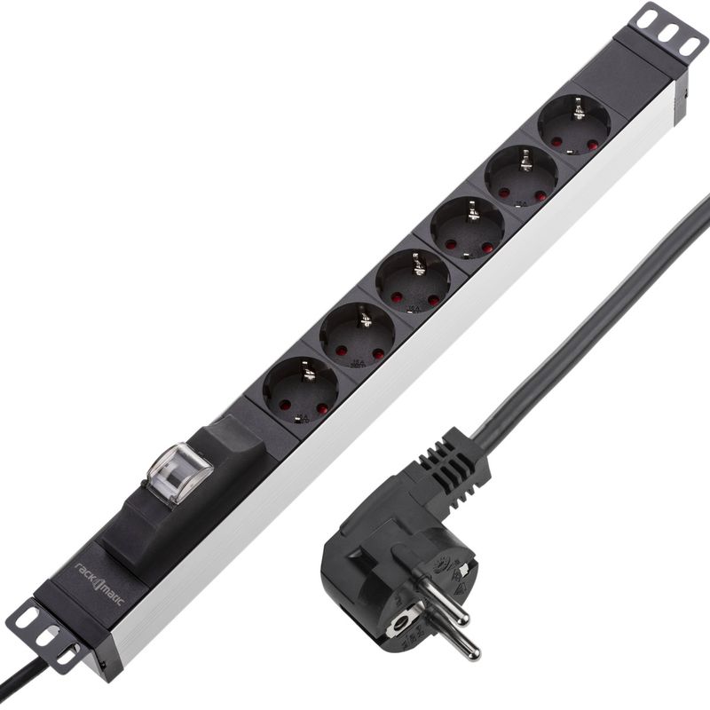 Regleta de enchufes de PVC para armario rack 19” 1U con 6 Schuko negros carcasa gris e interruptor tipo B - RE12601 - 01