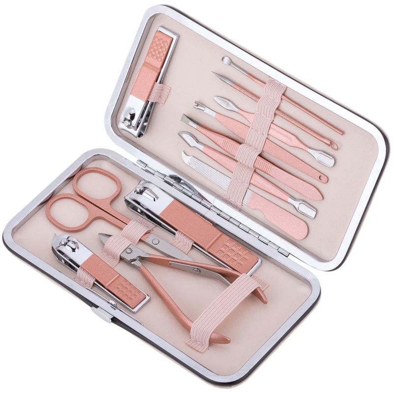 Kit de estuche de manicura y pedicura profesional, set de 12 accesorios de acero inoxidable, color Oro rosa - BE10400 - 01