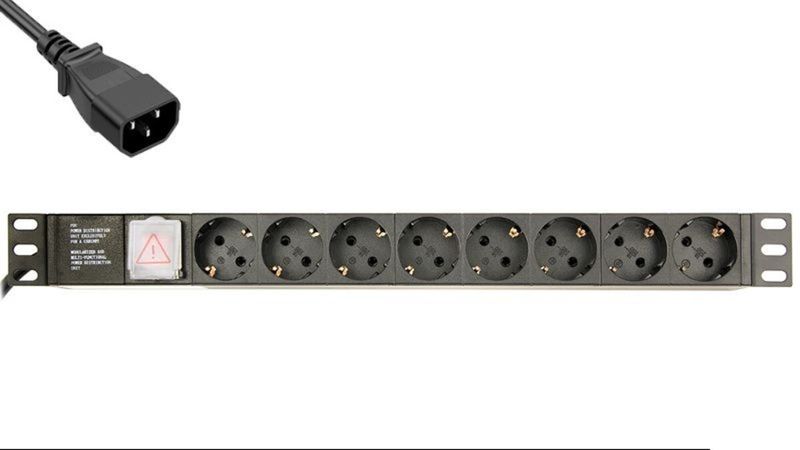 Regleta 19" 8 tomas Schuko, conector IEC C14 (SFO Macho), 3680W 16A 3m Negra, 1U - GB 1008 - 01